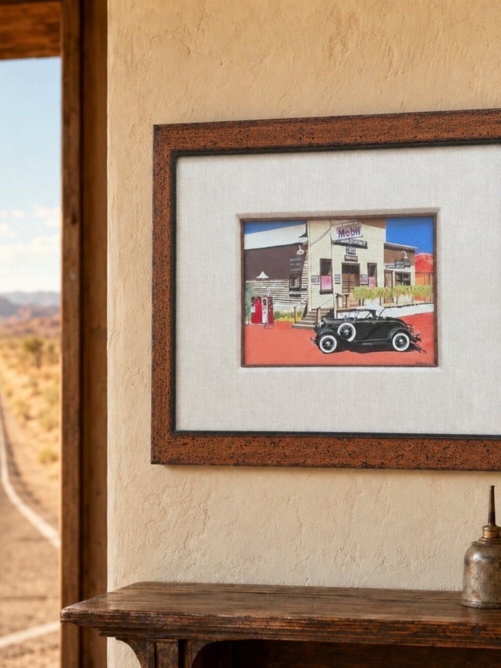 Signed Route 66 Hackberry Arizona Art Print Framed Classic Car Americana